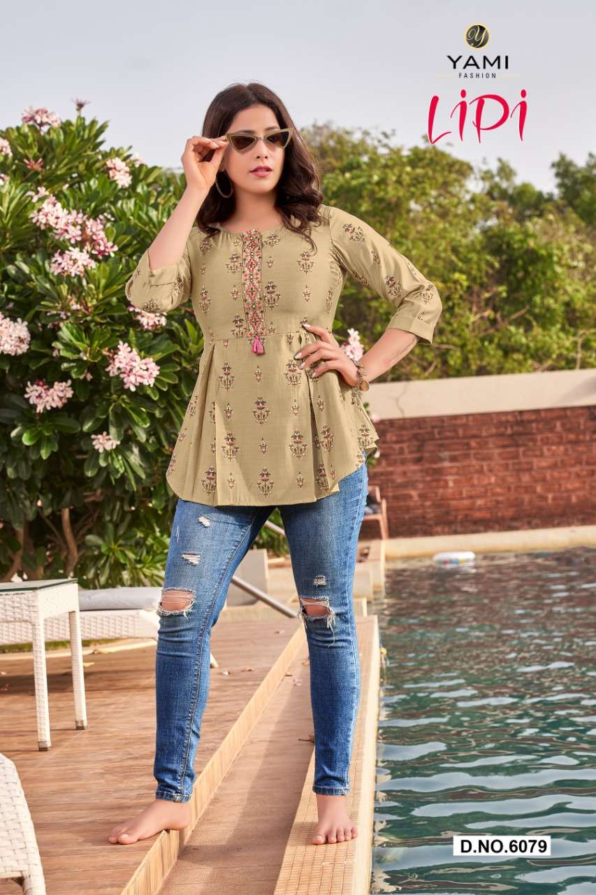 LIPI BY YAMI BRAND PRESENTS PURE ROMAN VISCOSE EXCLUSIVE HAND BLOCK PRINT TOP & TUNICS WITH MACHINE EMBROIDERY WORK-6079